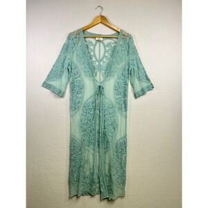 EMBR Lace Kimono Duster Cardigan Mint Green Floral Crochet Bohemian Size M
